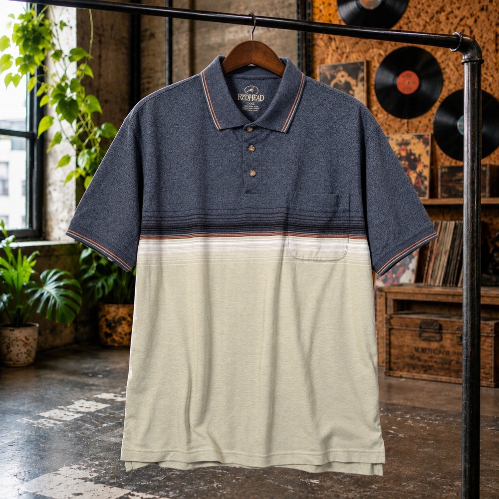 Vintage RedHead Short Sleeve Striped Polo Large Blue Tan Colorblock Rugby Pocket